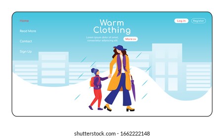 Warm clothing landing page flat color vector template. Mother with son go to school homepage layout. Rainy day one page website interface with cartoon character. Wet weather web banner, webpage