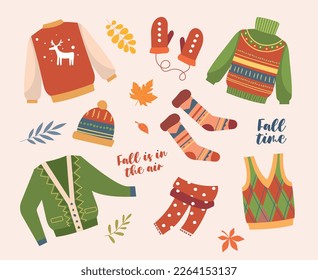 Warm clothing set. Collection of graphic elements for website. Autumn season and cold weather. Sweater, hat and scarf, socks, gloves. Cartoon flat vector illustrations isolated on beige background