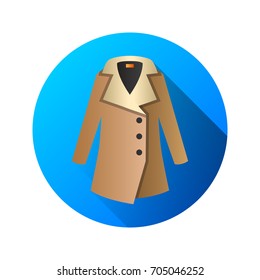 Warm coat with lapel icon against the background of a circle. Everyday clothing in casual style for cold weather flat vector illustration For clothing store ad, fashion concept, app button, web design