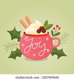 Café cálido decorado con tubos de gofre y hojas huecas colección de dulces de Navidad. Ilustración vectorial.