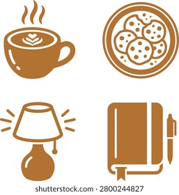 Warm coffee cup with latte art, plate of cookies, lamp illuminating a notebook and pen