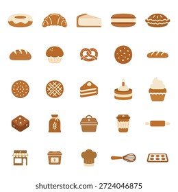 Un conjunto de iconos de panadería cálido y cohesivo con una amplia variedad de pan, galletas, pasteles, pasteles, postres y artículos relacionados con la panadería ilustrados en un estilo plano y mínimo.