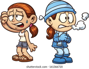 Warm and cold girls clip art. Vector cartoon illustration with simple gradients. Each on a separate layer.