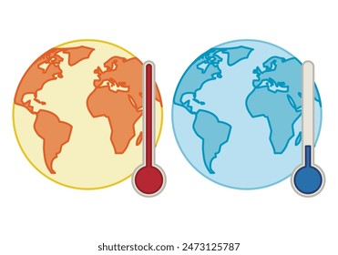 Warm and cold planet earth with thermometer in high temperatures and low temperatures