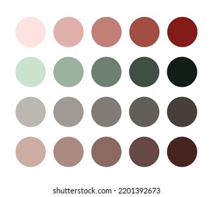 Warm Color Guide Palette with matching 4 color palettes. Swatch catalog collection with RGB HEX combinations. Suitable for branding. Textile, wood, skin, earth, etc. including red green ash brown.