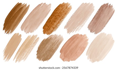 Warm color palette, watercolor brush strokes, artistic texture swatches, neutral tones, design elements for backgrounds.