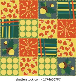 Warm color patchwork with images of acorn, heart and sun and geometry abstract figures in yellow red green colors seamless repeat vector pattern