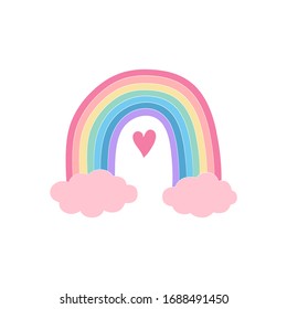 Warm color rainbow cartoon vector illustration. Cute and sweet style. Playful whimsical childish image. Baby girl nursery room print. Pink color clouds. Curve rainbow symbol with doodle heart.