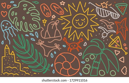 Warm color summer background. Doodle swimsuit, tropical leaves, sunglasses, slippers, swimming circle, sun, sand castle, jellyfish, crab, starfish, cocktail, seagull, palm tree, etc.
