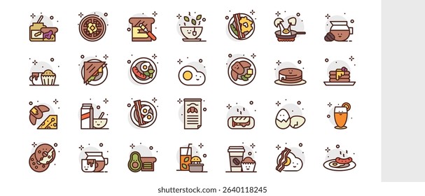 Warm Colored Flat Design Icons of Breakfast Foods and Morning Meals for Menus