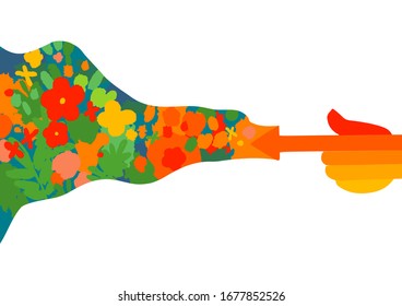 Warm colored hands with arrow tipped forefingers and wavy surface of meadow flowers flowing out of it. Abstract isolated vector design. Inspired by Stockholm metro stations
