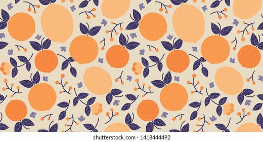 Warm colored lemons & oranges with leaves pattern, seamless vector repeat. Hand drawn illustration style. Great for summer themed designs, wallpapers, fabrics, gift wrapping paper etc.
