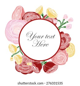 Warm colored roses arranged in the shape of a wreath perfect for wedding invitations and birthday cards.