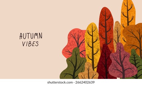 Warm colored, textured trees enveloping a cozy autumn atmosphere in a vector illustration, capturing the vibrant essence of fall with rich hues of gold, red, and orange