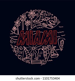 Warm colored vector linear illustration of Miami. Round pattern with the main symbols of Miami, isolated elements. Can be used as a sticker,  prints for t-shirts and cups, cards, posters.