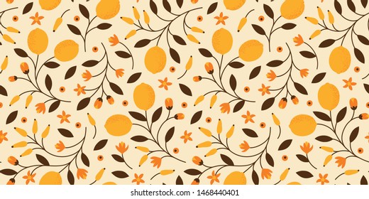 Warm colored vector pattern with leafs, flowers & lemons. Seamless repeat on cream colored background. Clean illustration style. Great for backgrounds, wallpapers, textile designs etc.
