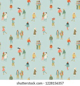 Warm colored vivid ice skaters vector pattern, seamless repeat on pastel mint background. Trendy graphic illustration style. Great for textile and card design, packaging products and other surfaces.
