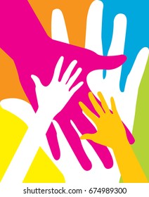 Warm colorful caring up hands vector design element.