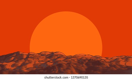 Warm colorful engraving drawing sunset on rough wavy ground background template with blank space