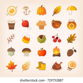 Warm colorful traditional autumn icons and symbols. Plants, halloween sweets and thanksgiving treats. Isolated vector objects