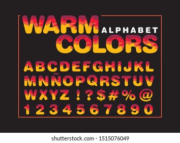 warm colors alphabet, colorful carved paper cut elements shapes, font