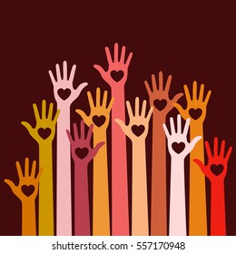 Warm  colors bright colorful caring up hands hearts vector logo design element on dark red background. Volunteers hands up with heart emblem icon for education, health care, medical, volunteer, vote.