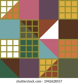 Ilustración vectorial geométrica de colores cálidos. Cuadrados, triángulos y cuadrículas de naranja, rosa, púrpura, amarillo, azul, verde, rojo, marrón, blanco y oro.