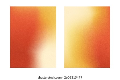 Warm colors grainy gradient background. Sunny autumn retro noise gradation templates set. Vector bright fall backdrops with blur glass effect. Soft ombre wallpaper.