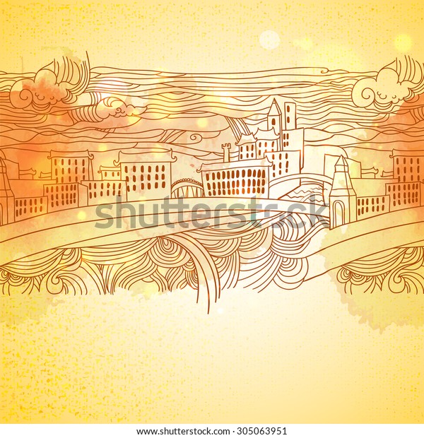 Warm Colors Linear Drawing City Background Stock Vector Royalty
