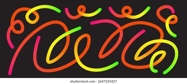 Warm colors lines set. Wavy red and yellow shapes pattern. Gradient squiggly spirals. Curved long fluids on black background Vector rainbow swirls. Music gradation twists pattern.