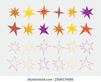 Warm colors silhouette and line odd shapes pointy stars isolated abstract icons set design elements on light gray background