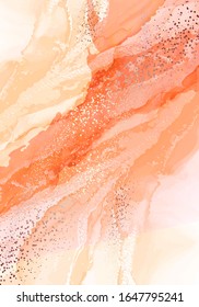 Warm colors water swirl, coral orange liquid flow with gold splatter. Creative trendy vector splash, alcohol ink background. Artistic surface poster, futuristic wallpaper.