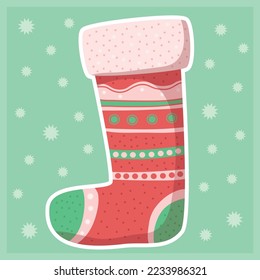 Warm comfortable winter decorative sock vector illustration, seasonal clothes doodle, sticker, label in traditional colors.