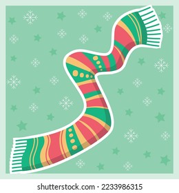 Warm comfortable winter striped scarf, vector illustration, seasonal clothes doodle, sticker, label in traditional colors.