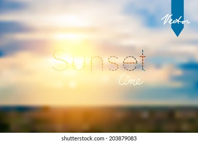 Warm Coming Sunset Sun against the Sky. Vector design. Blurred Sky Background