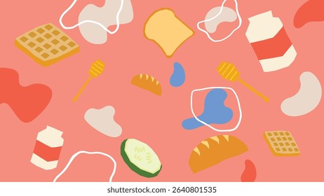 Warm coral background with waffles, honey dippers, sliced bread, milk cartons, and cucumbers, perfect for a breakfast food concept.