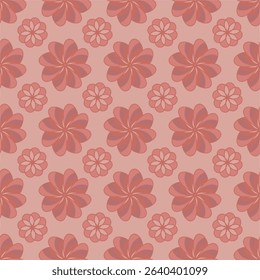 Warm coral red pattern with stylized floral forms evenly spaced across a pinkish backdrop. A gentle and feminine design ideal for home textiles and stationery.