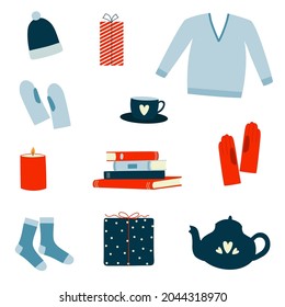 Agradables y acogedores elementos de invierno. Regalos de Navidad, ropa, taza, tetera, libros y velas. Estilo Doodle. Ilustración vectorial aislada 