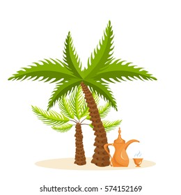 Warm country, palm tree, traditional coffee, familiarity with the traditions, culture, sights, environment. Vector illustration isolated on white background. Can be used in banner, mobile app, design.