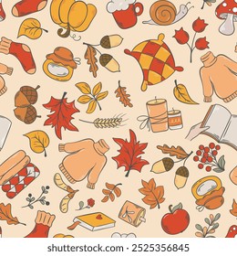 Warm cozy atmosphere of autumn seamless pattern. Colorful background with elements and attributes of fall season. Autumn mood cute print for textile, packaging, wallpaper, design, in vector graphics