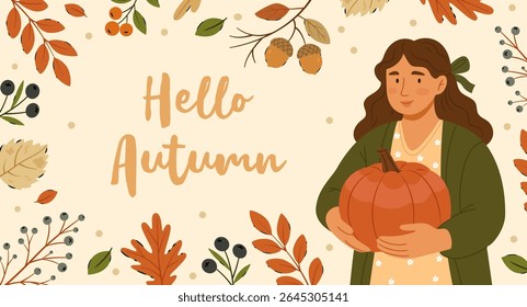 Warm and cozy autumn illustration featuring a smiling young woman holding a pumpkin, surrounded by fall foliage, berries, acorns, and seasonal elements. This heartwarming  is perfect for Thanksgiving