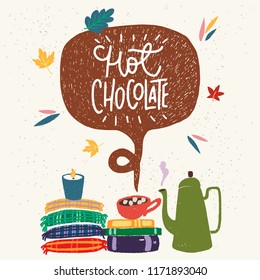 Warm and cozy autumn illustrations and “Hot Chocolate” hand lettering. Coffee pot, books, hot chocolate, candle, wraps and bright fallen leaves.