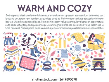 Warm and cozy banner. Relaxing fall evening at home interior, girl sitting on armchair, fireplace, printed blanket, stack of books, knit socks, hot tea drink, candles. Vector illustration with text.