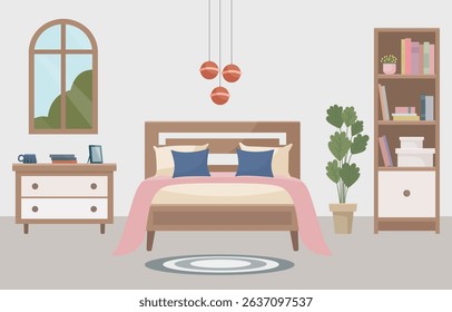 Warm and cozy bedroom with a comfortable bed, soft light lamp, window, bookshelf and indoor plant. Interior concept. Ideal for websites, social media posts, blogs and interior design projects.