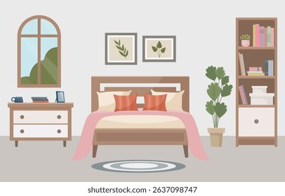 Warm and cozy bedroom with a comfortable bed, soft light lamp, window, bookshelf and indoor plant. Interior concept. Ideal for websites, social media posts, blogs and interior design projects.