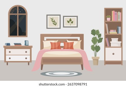 Warm and cozy bedroom with a comfortable bed, soft light lamp, window, bookshelf and indoor plant. Interior concept. Ideal for websites, social media posts, blogs and interior design projects.