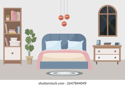 Quarto quente e acolhedor com uma cama confortável, lâmpada de luz macia, janela, estante e planta interior. Conceito interior. Ideal para sites, postagens de mídias sociais, blogs e projetos de design de interiores.