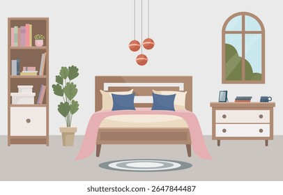 Warm and cozy bedroom with a comfortable bed, soft light lamp, window, bookshelf and indoor plant. Interior concept. Ideal for websites, social media posts, blogs and interior design projects.