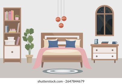 Warm and cozy bedroom with a comfortable bed, soft light lamp, window, bookshelf and indoor plant. Interior concept. Ideal for websites, social media posts, blogs and interior design projects.