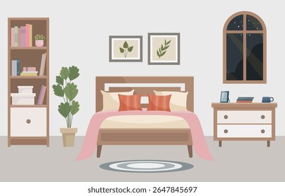 Warm and cozy bedroom with a comfortable bed, soft light lamp, window, bookshelf and indoor plant. Interior concept. Ideal for websites, social media posts, blogs and interior design projects.